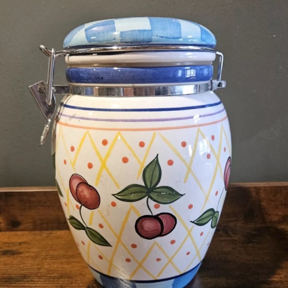 Capriware Michael's Orchard Hand Painted Cookie Jar Canister Locking Lid 9.5”